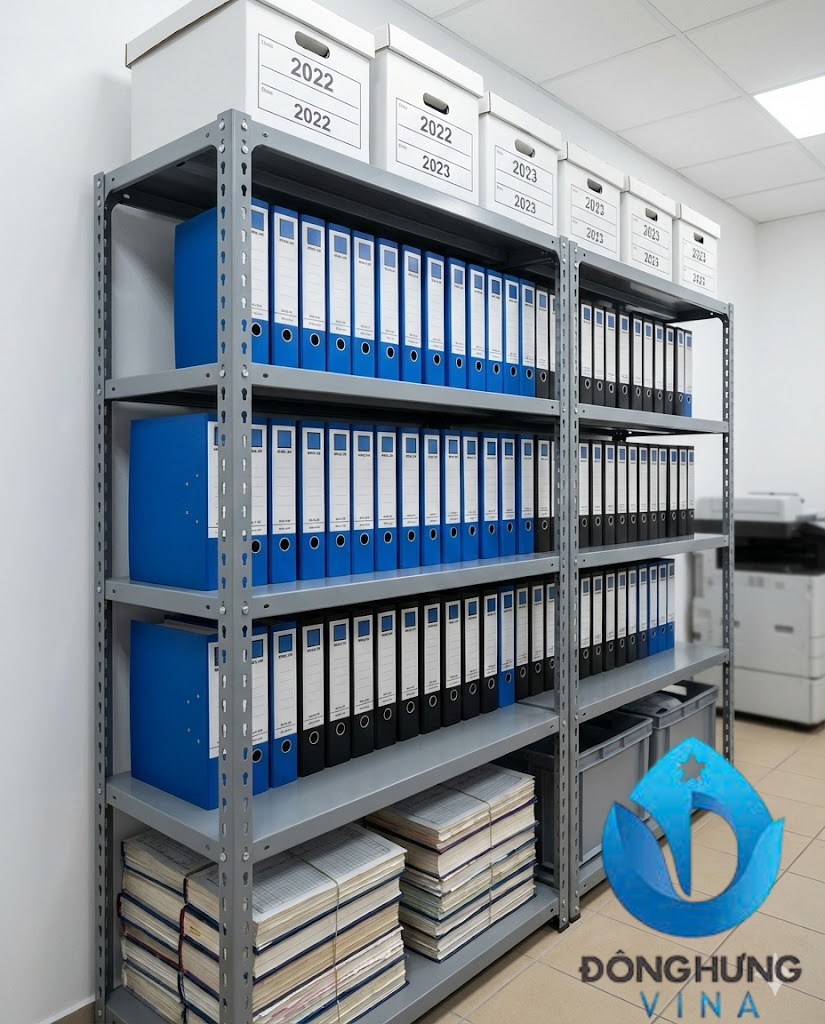 Kệ sắt v lỗ 5 tầng: dài 1000 x rộng 400 x cao 2000 6 Hình ảnh thực tế kệ sắt V lỗ 5 tầng cao 2m chứa hồ sơ