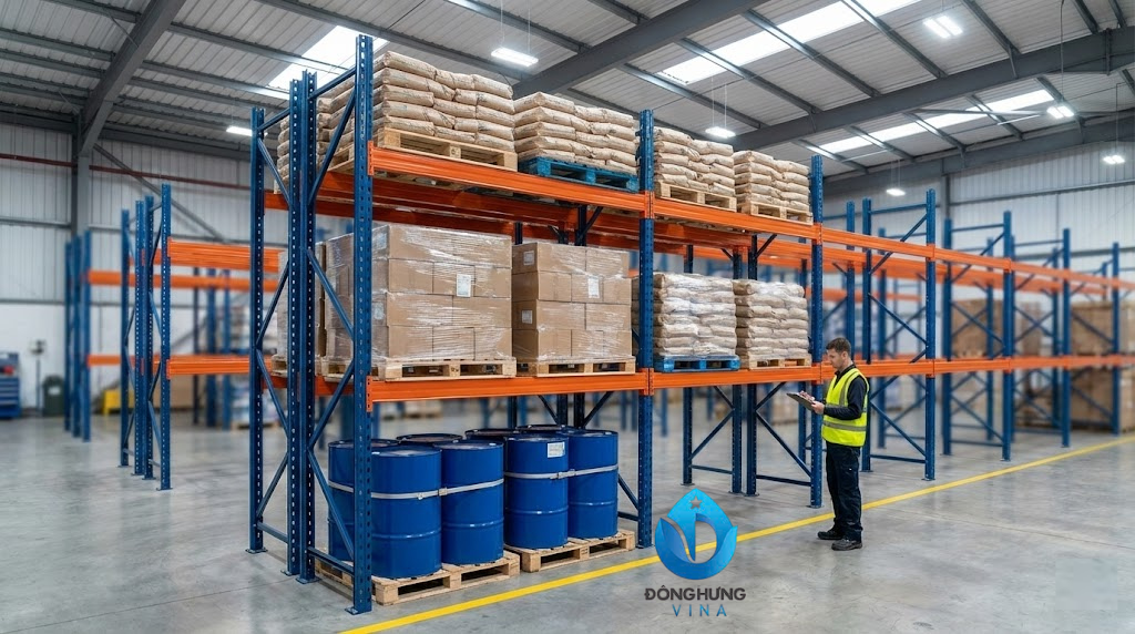 Kệ hạng nặng, kệ pallet 2 tầng: dài 2700 x rộng 1200mm x cao 4000mm 12 Hình ảnh thực tế kệ hạng nặng Selective 2 tầng beam dài 2.7m
